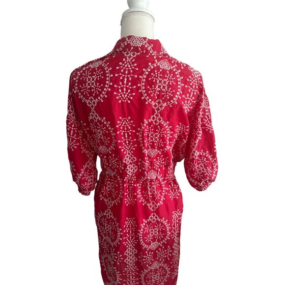 ZARA Red White Embroidered Tie Waist Dress Size Medium - Picture 4 of 9